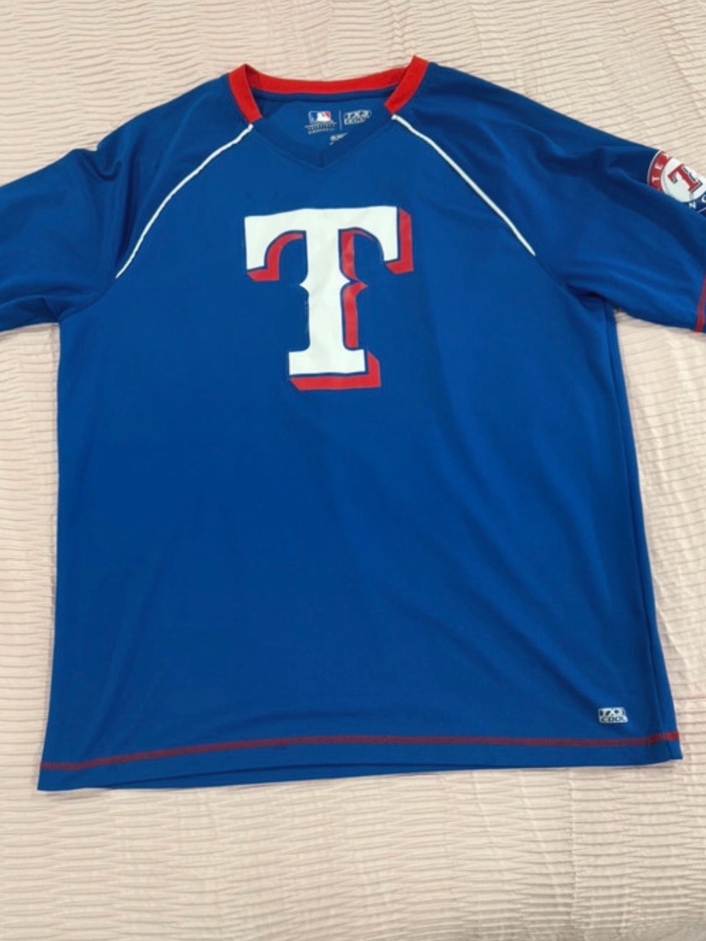 MLB Texas Rangers Blue Short Sleeve Jersey with White and Red 'T' Logo